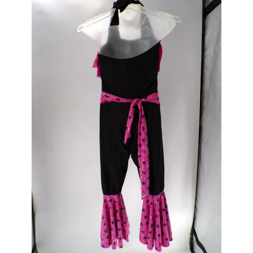 Pre-Owned Dance Costume Leo's  Medium Child Pink Jumpsuit Jazz Sequin Disco